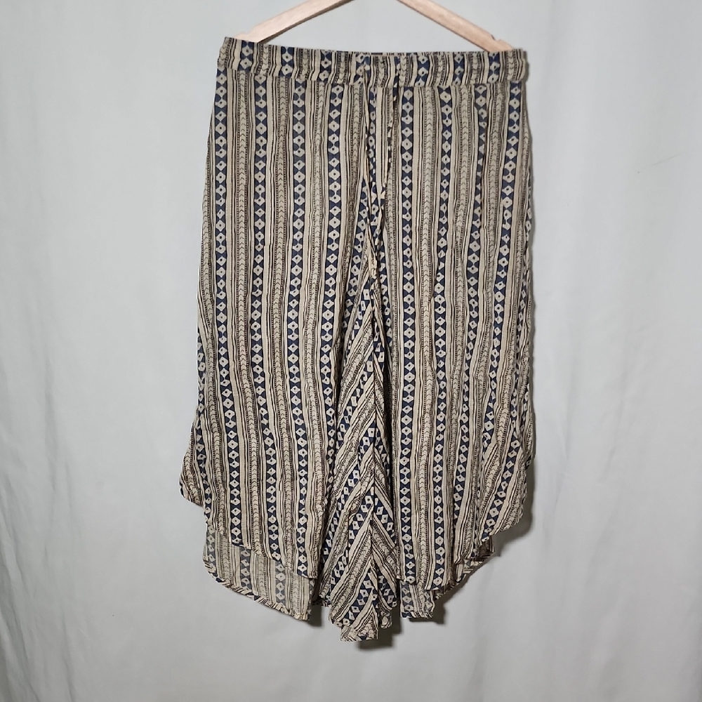 Cost Plus World Market Beige and Navy Striped Boho Wide-Leg Pants